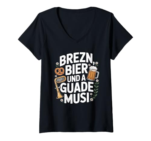 Damen Brezn Bier Und A Guade Musi Tracht T-Shirt mit V-Ausschnitt von Bayern Brezn Bier Musi Gemütlichkeit