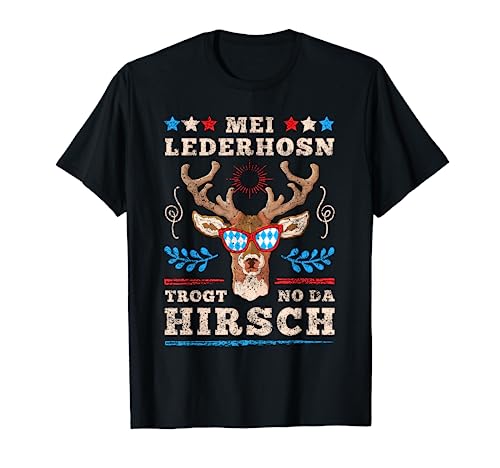 Bayern Wiesn Bekleidung Volksfest Outfit Herren, Kurzarm, Mei Lederhosn trogt no da Hirsch Tracht Kostüm Oktoberfest T-Shirt, S von Bayern Wiesn Bekleidung Volksfest Outfit Herren