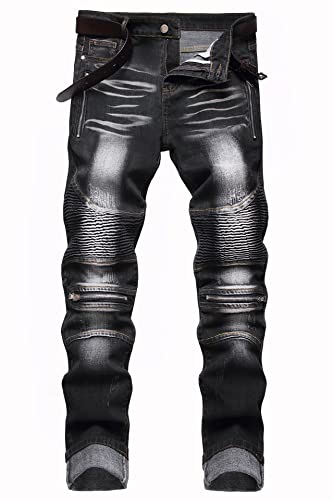 Baylvn Designer-Patchwork-Jeans für Herren, gerade und eng geschnitten, bequeme eng anliegende Bikerjeans, T Schwarz, 48 von Baylvn