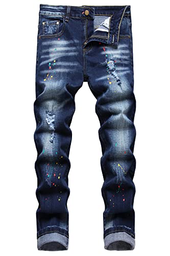 Baylvn Herren Casual Skinny Ripped Straight Slim Fit Paint Printed Jeans, 798 Farbe und Blau, 54 von Baylvn