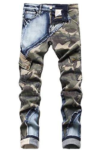 Baylvn Herren Designer Straight Slim Fit Patchwork Jeans Comfort Skinny Biker Denim Hose, 3132 Camo & Blau, 50 von Baylvn