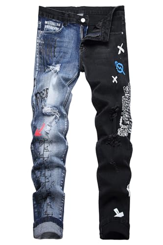 Baylvn Herren Designer Straight Slim Fit Patchwork Jeans Comfort Skinny Biker Denim Pants, 3583 Blau & Schwarz, 54 von Baylvn