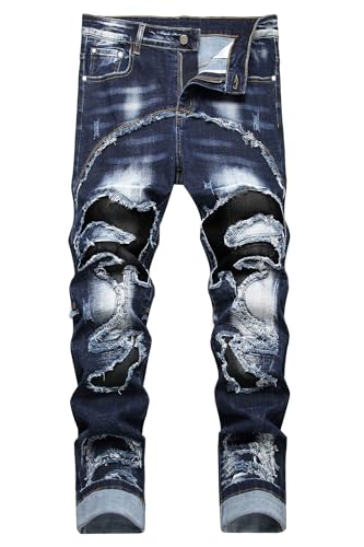 Baylvn Herren Designer Straight Slim Fit Patchwork Jeans Comfort Skinny Biker Denim Pants, 3860 Marineblau, 54 von Baylvn