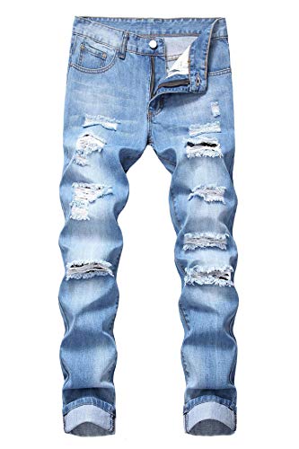 Baylvn Herren Designer Straight Slim Fit Patchwork Jeans Skinny Biker Denim Hose, Blau, 48 von Baylvn