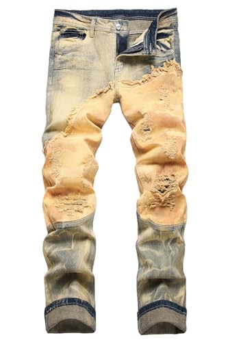 Kengue Herren Slim Fit Ripped Distressed Straight Fit Jeans, 3568 Vintage Blau & camo, 34 von Baylvn