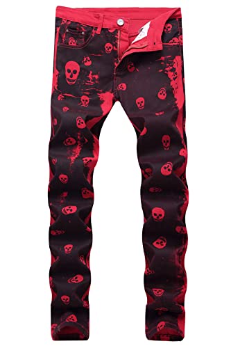 Kengue Herren Straight Slim Fit Printed Jeans Skinny Denim Pants, Z 44-skullred, 54 von Baylvn