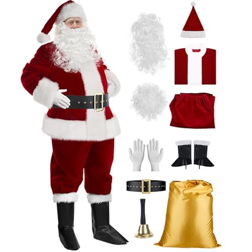 Baymate 10 Stück Nikolaus Kostüm Herren Komplett für Erwachsene Weihnachten Samt Anzug mit Nikolausmütze Weihnachtsjacke Cosplay Bühnenauftritt Kostüme Faschingskostüme von Baymate