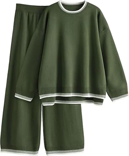 Baymate 2-teiliges Damen Elegant Hausanzug Trainingsanzüge Kuschelig Langarm Lounge Sets Strickpullover Top Einfach Rundhalsausschnitt Outfit von Baymate