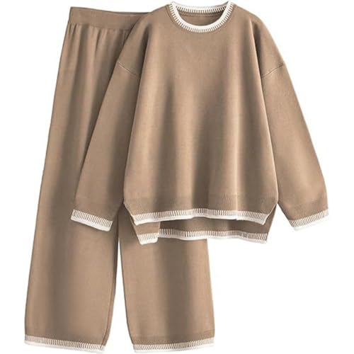 Baymate 2-teiliges Damen Elegant Hausanzug Trainingsanzüge Kuschelig Langarm Lounge Sets Strickpullover Top Einfach Rundhalsausschnitt Outfit von Baymate