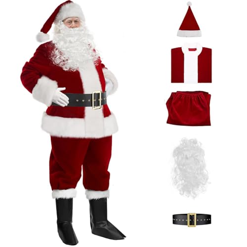 Baymate 5 Stück Nikolaus Kostüm Herren Komplett für Erwachsene Weihnachten Samt Anzug mit Nikolausmütze Weihnachtsjacke Cosplay Bühnenauftritt Kostüme Faschingskostüme von Baymate
