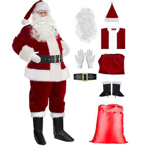 Baymate 8 Stück Nikolaus Kostüm Herren Komplett für Erwachsene Weihnachten Samt Anzug mit Nikolausmütze Weihnachtsjacke Cosplay Bühnenauftritt Kostüme Faschingskostüme von Baymate