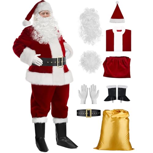 Baymate 9 Stück Nikolaus Kostüm Herren Komplett für Erwachsene Weihnachten Samt Anzug mit Nikolausmütze Weihnachtsjacke Cosplay Bühnenauftritt Kostüme Faschingskostüme von Baymate