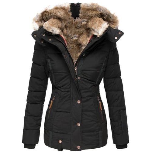 Baymate Damen Mantel Winterjacke Steppjacke mit Abnehmbarem Kapuzenmantel mit Reißverschluss Softshelljacke Fell Kragen Trenchcoat von Baymate