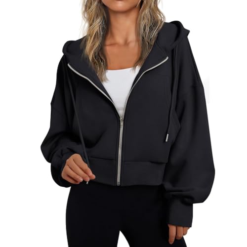 Baymate Damen Zip Up Cropped Hoodie Kurz Lange Ärmel Sweatshirts mit Taschen Solide Kapuzenpullover Reißverschluss Jacke Frühling Sportbekleidung von Baymate