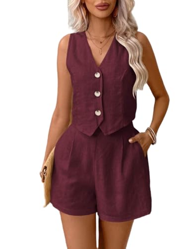 Baymate Hosenanzug Damen Elegant Sommer Leinen Anzug Zweiteiliger Ärmellos Blazer Weste und Hosen Hohe Taille 2 Teilig Streetwear Business Outfits Freizeitanzug von Baymate