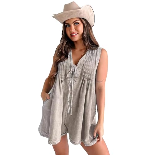 Baymate Jean Jumpsuit Damen Elegant Kurz Sommer Playsuit V Ausschnitt Overall Ärmellos Shorts Romper mit Taschen von Baymate