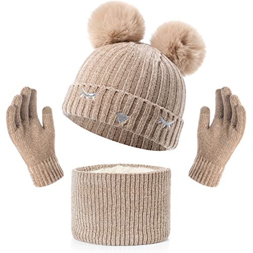 3 Stück Kinder Wintermütze Schal Touchscreen Handschuhe Set 3 in 1, Thermal Knit Mütze Schal Touchscreen Handschuhe Set für Kinder im Alter von 3-10, Winter Accessoires für Kinder Outdoor (Beige) von Baynetin