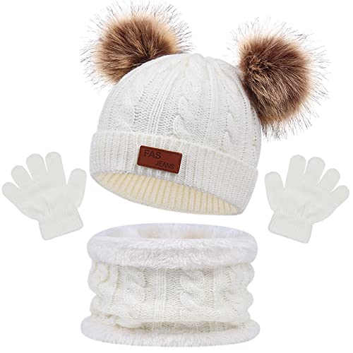 3 Stück Mädchen Winter Beanie Hut, Schal, Handschuhe Set,Kinder Wintermütze Schal Handschuhe Set, Mütze Warme Beanie Hut Jungen Handschuhe Runder Schal Set für Kinder 1-6 Jahre Alt (Weiß) von Baynetin