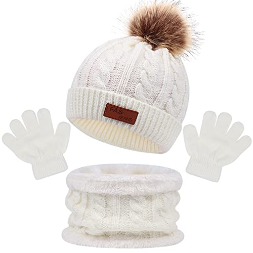 3in1 Winter Beanie Hut, Schal, Handschuhe Set,Kinder Wintermütze Schal Handschuhe Mädchen Set, Baby Mütze Warme Winter Beanie Hut Jungen Handschuhe Runder Schal Set für Kinder 1-5 Jahre Alt (Weiß) von Baynetin