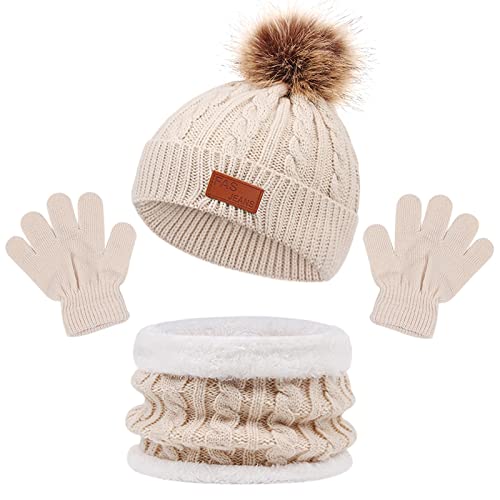 3in1 Winter Beanie Hut, Schal, Handschuhe Set,Kinder Wintermütze Schal Handschuhe Mädchen Set, Baby Mütze Warme Winter Beanie Hut Jungen Handschuhe Runder Schal Set für Kinder 1-5 Jahre Alt (Beige) von Baynetin