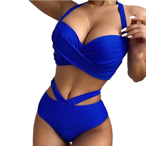 Badeanzüge für Frauen,Hohe Taille Damenbikinis,Wickel Bikini Set Fraue,Criss Cross String High Waisted Push Up 2 Stück Badeanzug Einfarbig Badeanzüge Deep V-Neck Sporty Beach Bikini (Blau, L) von Baynetin