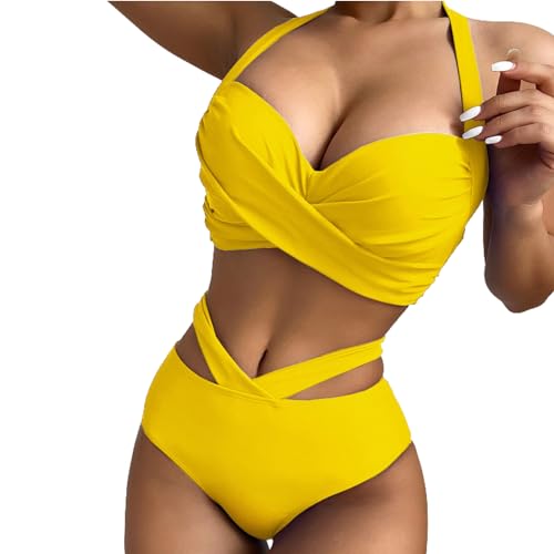 Badeanzüge für Frauen,Hohe Taille Damenbikinis,Wickel Bikini Set Fraue,Criss Cross String High Waisted Push Up 2 Stück Badeanzug Einfarbig Badeanzüge Deep V-Neck Sporty Beach Bikini (Gelb, M) von Baynetin