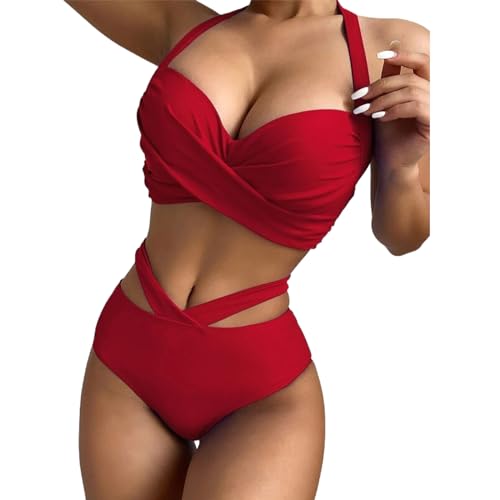 Badeanzüge für Frauen,Hohe Taille Damenbikinis,Wickel Bikini Set Fraue,Criss Cross String High Waisted Push Up 2 Stück Badeanzug Einfarbig Badeanzüge Deep V-Neck Sporty Beach Bikini (Rotwein, XXL) von Baynetin