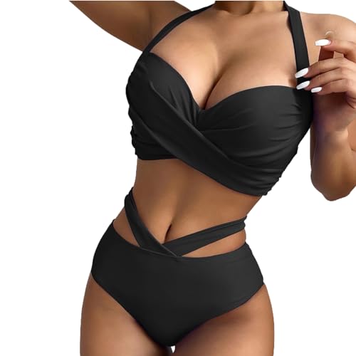 Badeanzüge für Frauen,Hohe Taille Damenbikinis,Wickel Bikini Set Fraue,Criss Cross String High Waisted Push Up 2 Stück Badeanzug Einfarbig Badeanzüge Deep V-Neck Sporty Beach Bikini (Schwarz, L) von Baynetin