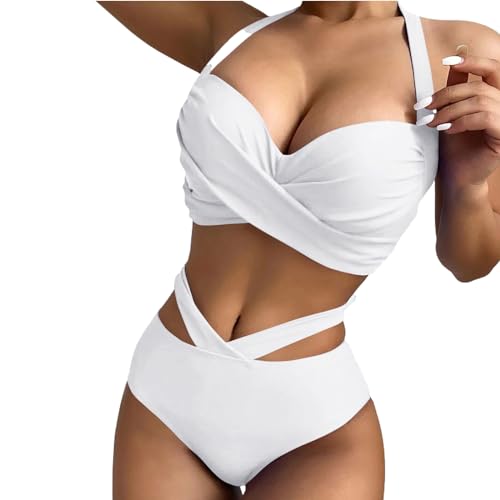 Badeanzüge für Frauen,Hohe Taille Damenbikinis,Wickel Bikini Set Fraue,Criss Cross String High Waisted Push Up 2 Stück Badeanzug Einfarbig Badeanzüge Deep V-Neck Sporty Beach Bikini (Weiß, L) von Baynetin