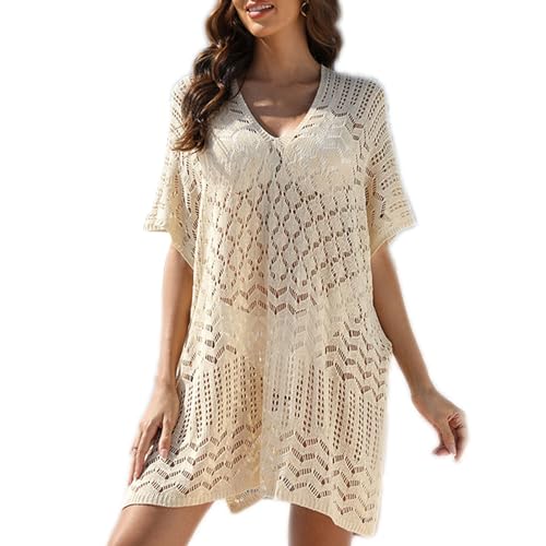 Baynetin Damen Bikini Cover Up Strandkleid, Strandponcho V-Ausschnitt Sexy Cutout Beach Bademode Badeanzug Crochet Cover Up Taille Seite Schlitz Strand Sommerkleid (Beige) von Baynetin