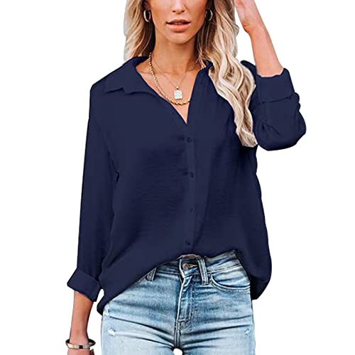 Baynetin Damen Bluse-Kurzarm/Langarm-V-Ausschnitt-Elegante Button down-Oberteile Casual Business Arbeit Tops Langarmshirt Kurzarmshirt (Navy blau, L) von Baynetin