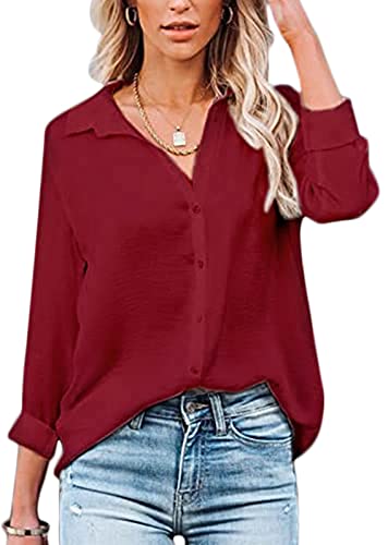 Baynetin Damen Bluse-Kurzarm/Langarm-V-Ausschnitt-Elegante Button down-Oberteile Casual Business Arbeit Tops Langarmshirt Kurzarmshirt (Rotwein, XL) von Baynetin
