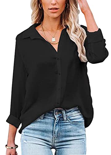 Baynetin Damen Bluse-Kurzarm/Langarm-V-Ausschnitt-Elegante Button down-Oberteile Casual Business Arbeit Tops Langarmshirt Kurzarmshirt (Schwarz, L) von Baynetin