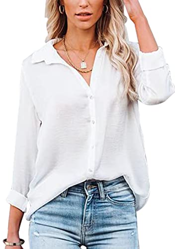 Baynetin Damen Bluse-Kurzarm/Langarm-V-Ausschnitt-Elegante Button down-Oberteile Casual Business Arbeit Tops Langarmshirt Kurzarmshirt (Weiß, S) von Baynetin