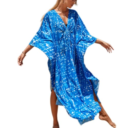 Baynetin Damen Kaftan, Maxi Lange Strandkleid Boho Strandponcho Caftan Beachwear Druck Lose Nachtwäsche Bikini Cover-Up Einheitsgröße (Blau) von Baynetin