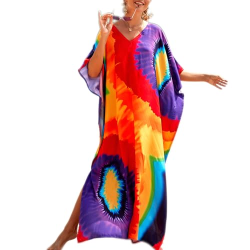 Baynetin Damen Kaftan, Maxi Lange Strandkleid Boho Strandponcho Caftan Beachwear Druck Lose Nachtwäsche Bikini Cover-Up Einheitsgröße (Bunt-A) von Baynetin