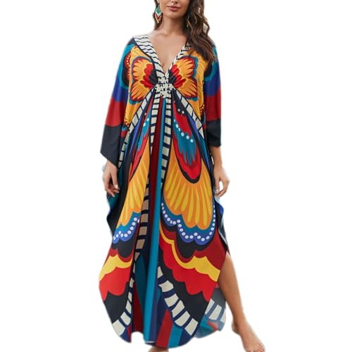 Baynetin Damen Kaftan, Maxi Lange Strandkleid Boho Strandponcho Caftan Beachwear Druck Lose Nachtwäsche Bikini Cover-Up Einheitsgröße (Schmetterling) von Baynetin