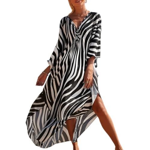 Baynetin Damen Kaftan, Maxi Lange Strandkleid Boho Strandponcho Caftan Beachwear Druck Lose Nachtwäsche Bikini Cover-Up Einheitsgröße (Streifen) von Baynetin