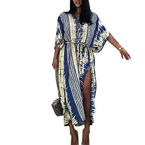 Baynetin Damen Long Strandkleid, Maxi Beach Kleid Boho Kimono Lang Strand Cardigan Beachwear,Strandponcho Druck Lose Kaftan Nachtwäsche Bikini Cover-Up Einheitsgröße (A-Schwarz) von Baynetin