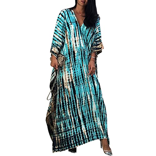 Baynetin Damen Long Strandkleid, Maxi Beach Kleid Boho Kimono Lang Strand Cardigan Beachwear,Strandponcho Druck Lose Kaftan Nachtwäsche Bikini Cover-Up Einheitsgröße (Blau) von Baynetin