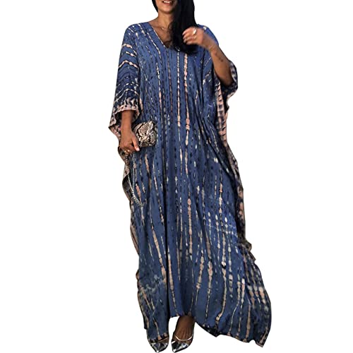 Baynetin Damen Long Strandkleid, Maxi Beach Kleid Boho Kimono Lang Strand Cardigan Beachwear,Strandponcho Druck Lose Kaftan Nachtwäsche Bikini Cover-Up Einheitsgröße (Dunkelblau) von Baynetin