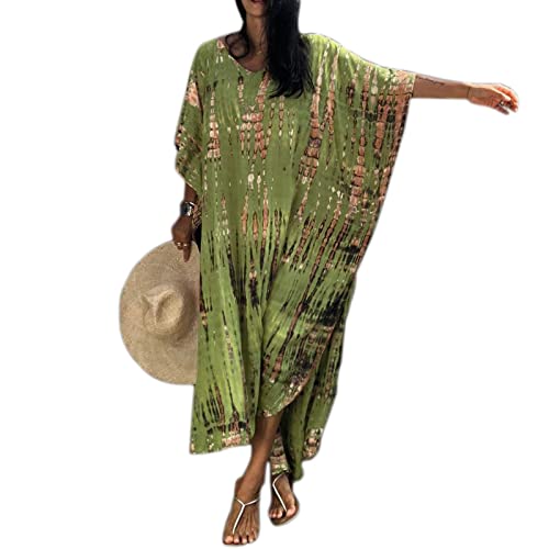 Baynetin Damen Long Strandkleid, Maxi Beach Kleid Boho Kimono Lang Strand Cardigan Beachwear,Strandponcho Druck Lose Kaftan Nachtwäsche Bikini Cover-Up Einheitsgröße (Grün) von Baynetin