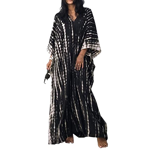 Baynetin Damen Long Strandkleid, Maxi Beach Kleid Boho Kimono Lang Strand Cardigan Beachwear,Strandponcho Druck Lose Kaftan Nachtwäsche Bikini Cover-Up Einheitsgröße (Schwarz) von Baynetin