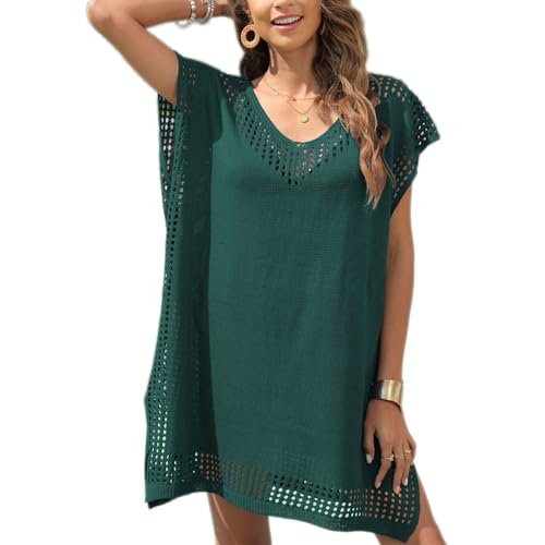 Baynetin Damen Strandkleid Bikini Cover Up, Sommer Gestrickte Strandponcho Strandurlaub Badeanzug V-Ausschnitt Sexy Beachwear Cutout Crochet Cover Ups (Grün) von Baynetin