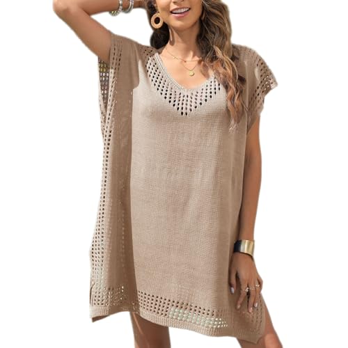 Baynetin Damen Strandkleid Bikini Cover Up, Sommer Gestrickte Strandponcho Strandurlaub Badeanzug V-Ausschnitt Sexy Beachwear Cutout Crochet Cover Ups (Khaki) von Baynetin