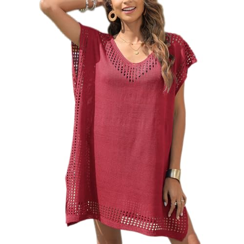 Baynetin Damen Strandkleid Bikini Cover Up, Sommer Gestrickte Strandponcho Strandurlaub Badeanzug V-Ausschnitt Sexy Beachwear Cutout Crochet Cover Ups (Weinrot) von Baynetin