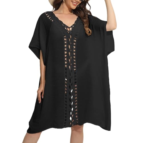 Baynetin Damen Strandkleid Bikini Cover Up Einteilig,V-Ausschnitt Sommer Strandurlaub Cutout Strandponcho Strandurlaub Badeanzug Beachwear (Schwarz) von Baynetin