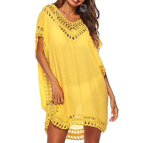 Baynetin Damen Strandkleid Bikini Cover Up Sommer Strandponcho Strandurlaub Badeanzug V-Ausschnitt Beachwear Bikini Cover-Ups (Gelb) von Baynetin