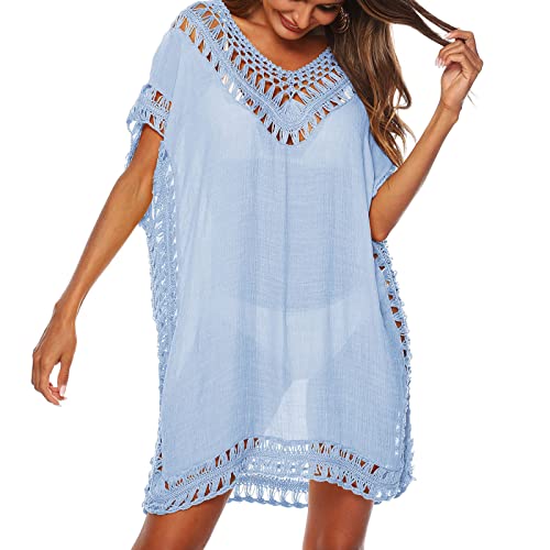 Baynetin Damen Strandkleid Bikini Cover Up Sommer Strandponcho Strandurlaub Badeanzug V-Ausschnitt Beachwear Bikini Cover-Ups (Himmelblau) von Baynetin