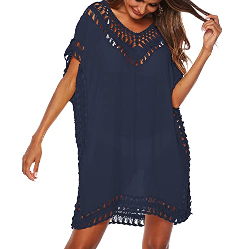 Baynetin Damen Strandkleid Bikini Cover Up Sommer Strandponcho Strandurlaub Badeanzug V-Ausschnitt Beachwear Bikini Cover-Ups (Marineblau) von Baynetin